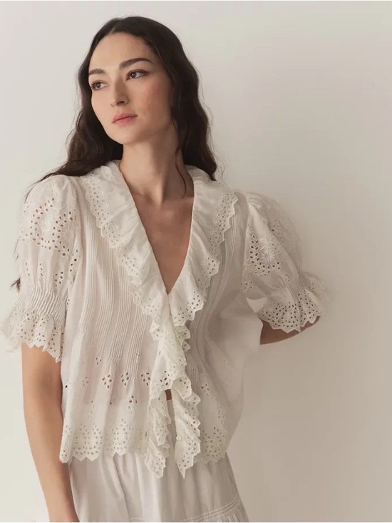 Doen Tops - Doen HENRI Ruffle-Trim Blouse in Salt Eyelet